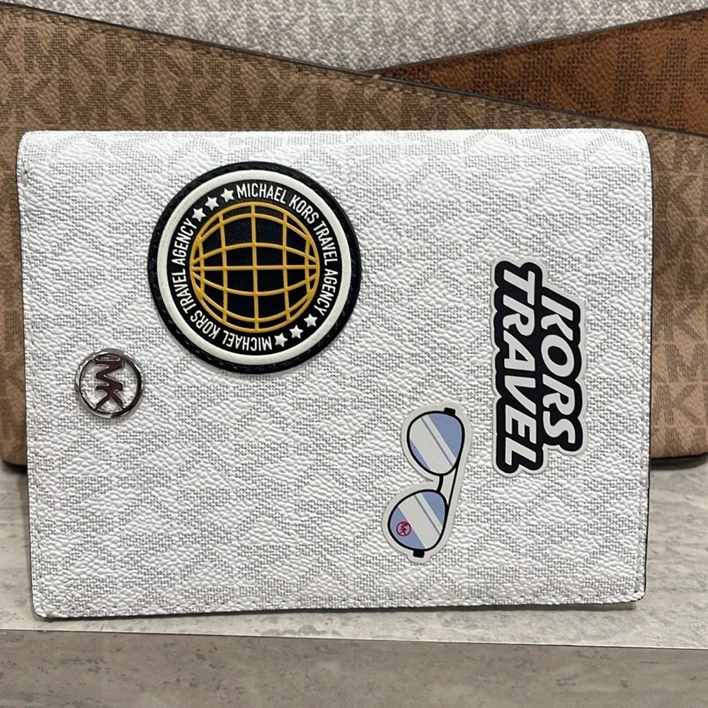 Michael Kors Jet Set Travel Md Embellished Signature Logo Passport Case Optic Wh